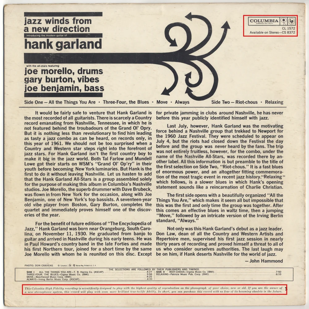 Back cover of the LP "jazz winds from a new direction" by Hank Garland: title and personnel at upper left, an illustration of swirling arrows branching from a thick horizontal line at top center, a track list, two-column liner notes signed John Hammond, and a table of titles and publishers; red boxes surround the Columbia logo with "CL 1572 / Available on Stereo—CS 8372" at upper right and two lines of italic text at the bottom edge.