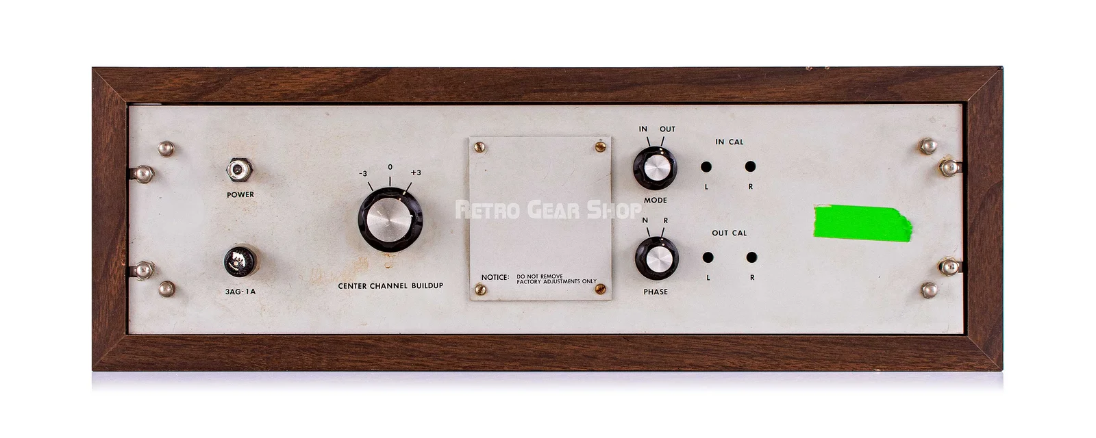 Front panel of the Haeco Compatible Stereo Generator (C.S.G.): POWER, fuse, CENTER CHANNEL BUILDUP, MODE, PHASE, and the IN CAL and OUT CAL trim holes