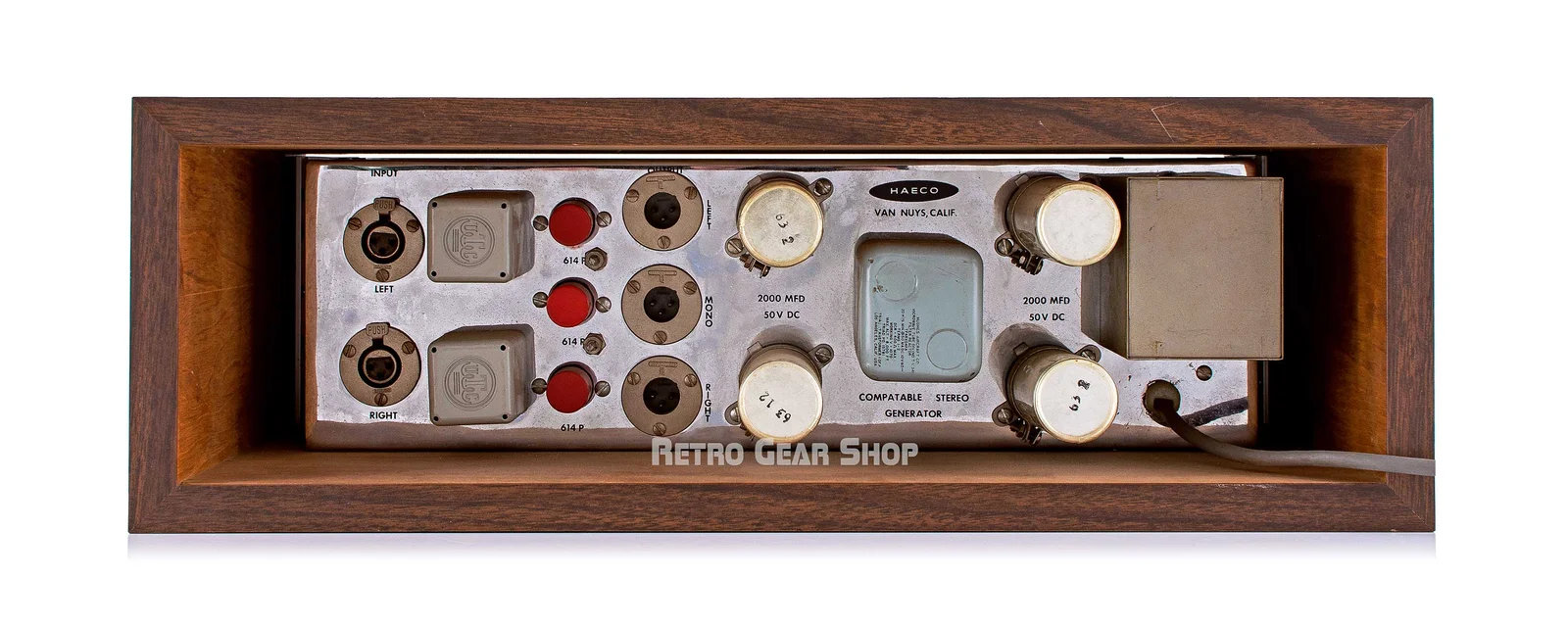 Rear of the Haeco Compatible Stereo Generator: LEFT and RIGHT inputs, LEFT, MONO, and RIGHT outputs, and the HAECO Van Nuys badge
