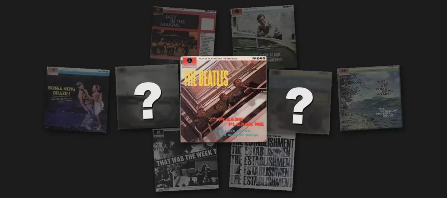 Front covers of Parlophone LPs in the PMC 1195 to 1205 range, loosely arranged around Please Please Me (PMC 1202) by The Beatles, shown a little larger in the centre. The covers of PMC 1201 and PMC 1203 on either side are faded and hidden behind question marks, and the other covers are dimmed.