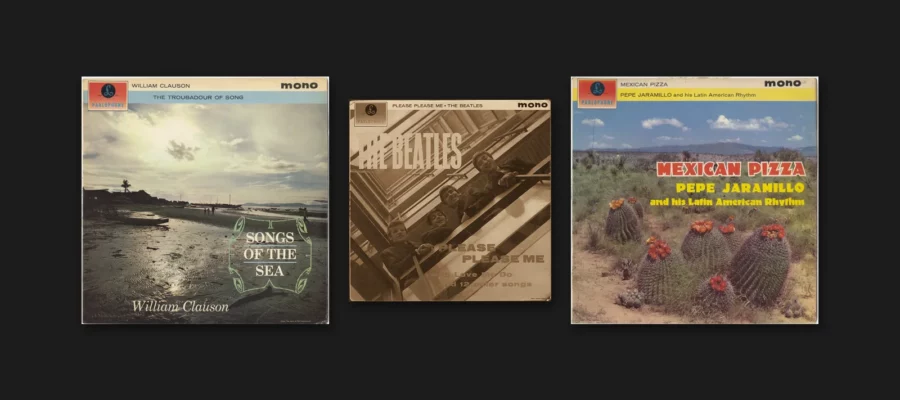 Front covers of Parlophone PMC 1201 (William Clauson, Songs Of The Sea) and PMC 1203 (Pepe Jaramillo, Mexican Pizza) in colour, with PMC 1202 (The Beatles, Please Please Me) between them in sepia.