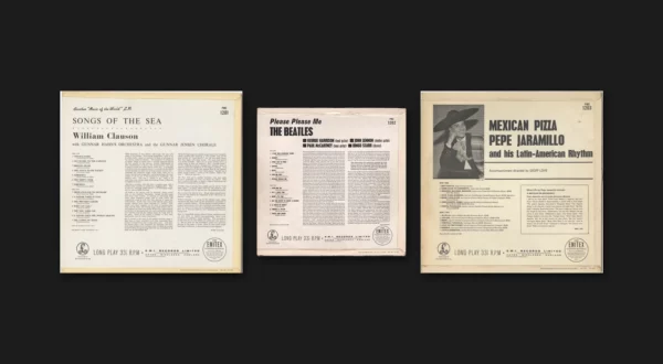 Rear covers of Parlophone PMC 1201 (William Clauson, Songs Of The Sea) and PMC 1203 (Pepe Jaramillo, Mexican Pizza), with the rear cover of PMC 1202 (The Beatles, Please Please Me) between them.