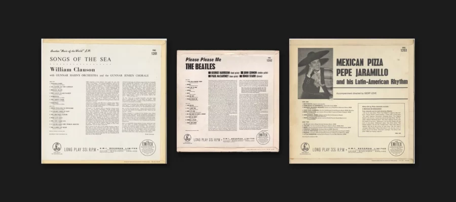 Rear covers of Parlophone PMC 1201 (William Clauson, Songs Of The Sea) and PMC 1203 (Pepe Jaramillo, Mexican Pizza), with the rear cover of PMC 1202 (The Beatles, Please Please Me) between them.