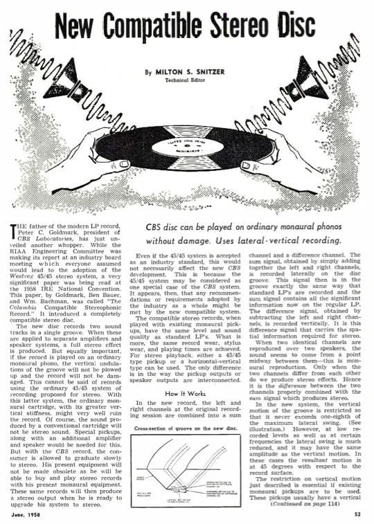 First page of "New Compatible Stereo Disc" by Milton S. Snitzer, Technical Editor, Radio & TV News, June 1958, p.53, with an illustration of two hands holding a record below the title and a horn loudspeaker emitting sound waves in each upper corner